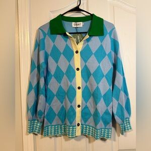 OXKNIT Blue and Green Argyle Cardigan Small